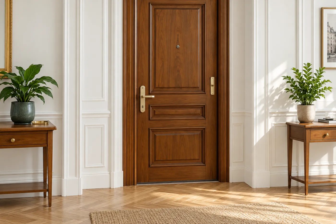 Porte d'entrée d'appartement en noyer vue depuis un couloir clair au parquet en point de Hongrie